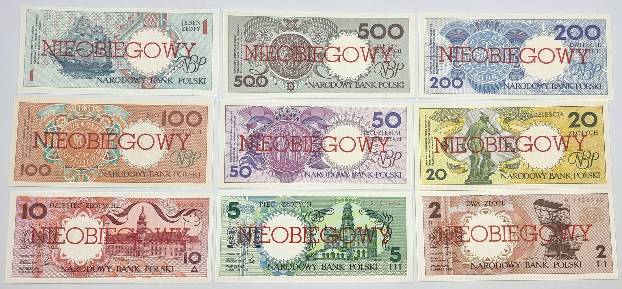 Miasta Polskie 1990 komplet banknotów 1-500 złotych - NIEOBIEGOWY